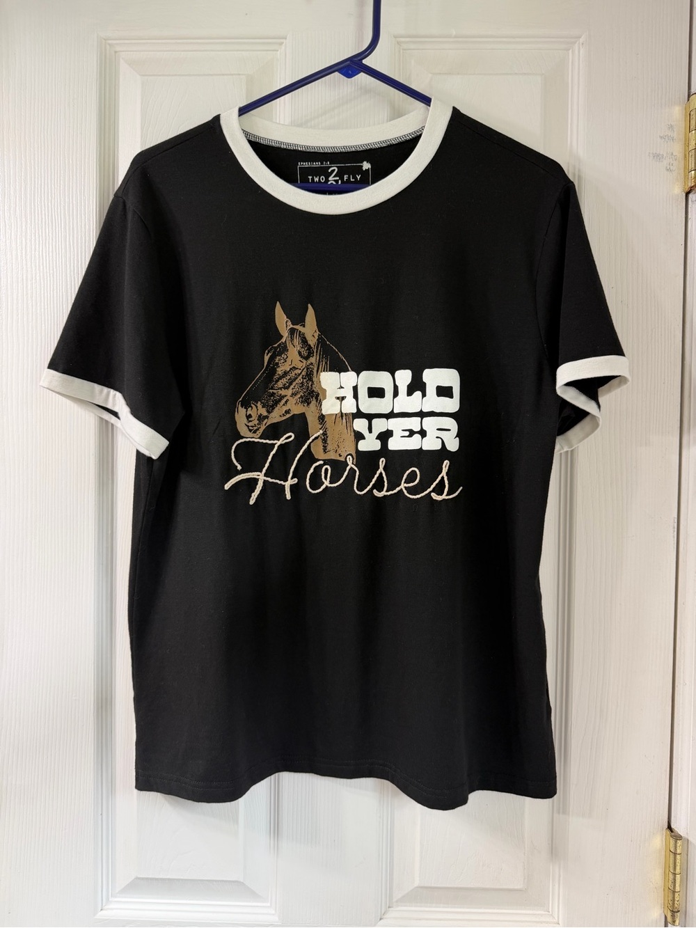 Two2Fly Black Ringer Tee — Hold Yer Horses Graphic